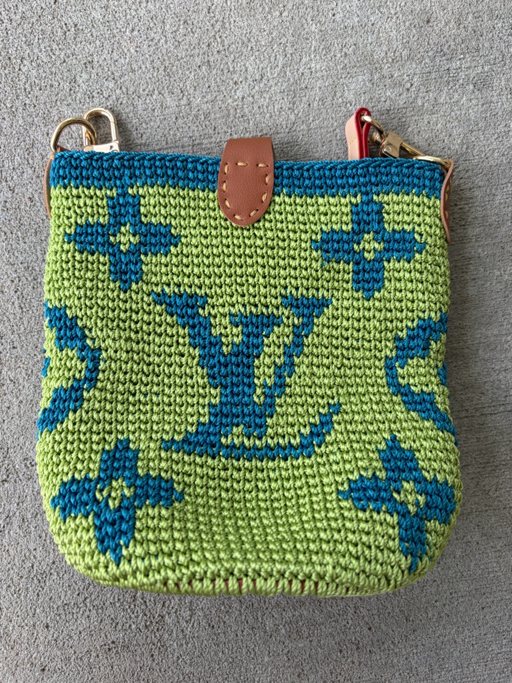 Crochet LV designer bucket bag crossbody purse green blue brown NWOT - Picture 7 of 9